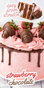 Collage of chocolate layered cake with strawberry frosting.