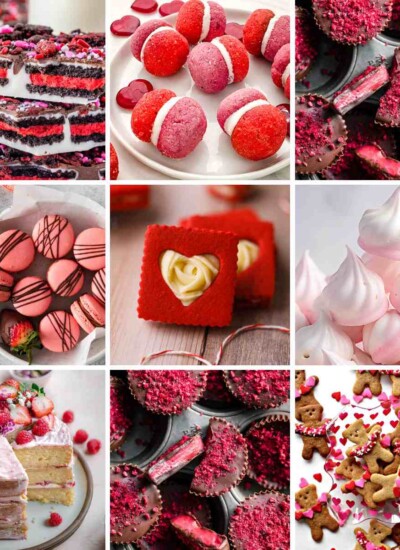 Collage of 9 cute valentines day recipes.