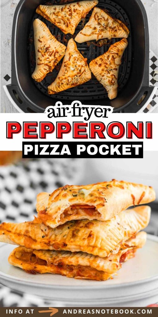 top image is hot pockets in air fryer, bottom image is stack of pepperoni pizza hot pockets with bite out.