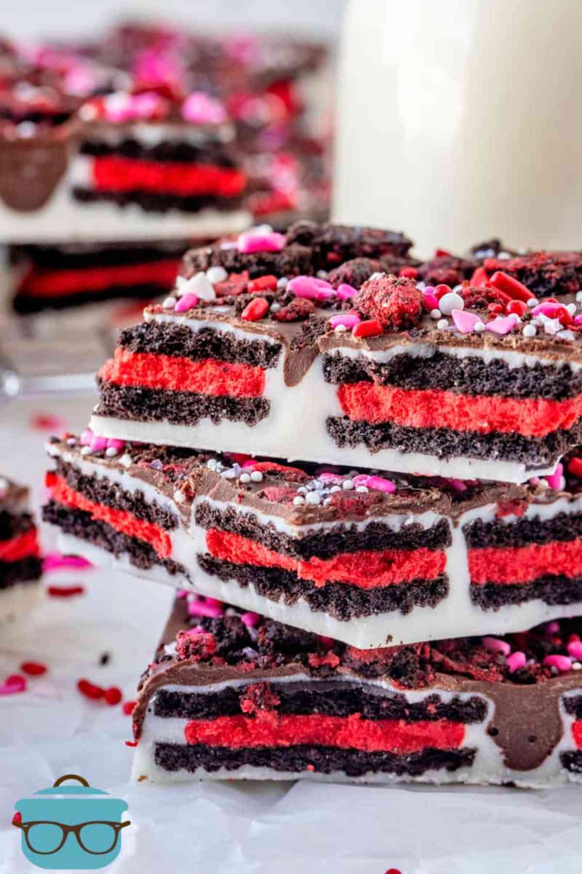 Stack of red, brown and white valentines day bark.