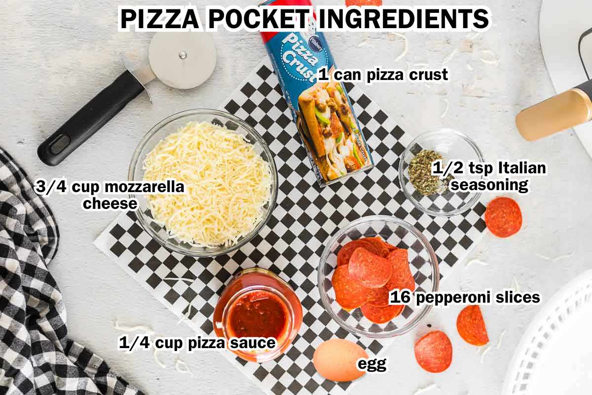 Pepperoni pizza pocket ingredients labeled including pizza dough, mozzarella cheese, pizza sauce, Italian seasoning and pepperoni.