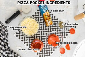 Pepperoni pizza pocket ingredients labeled including pizza dough, mozzarella cheese, pizza sauce, Italian seasoning and pepperoni.