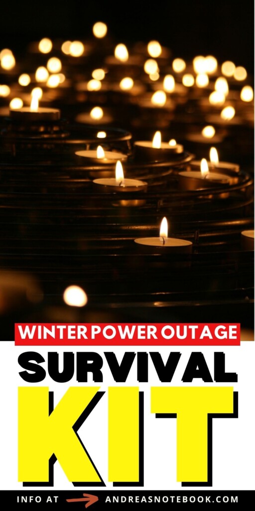 Lots of little tea light candles lit up with words "power outage survival kit".