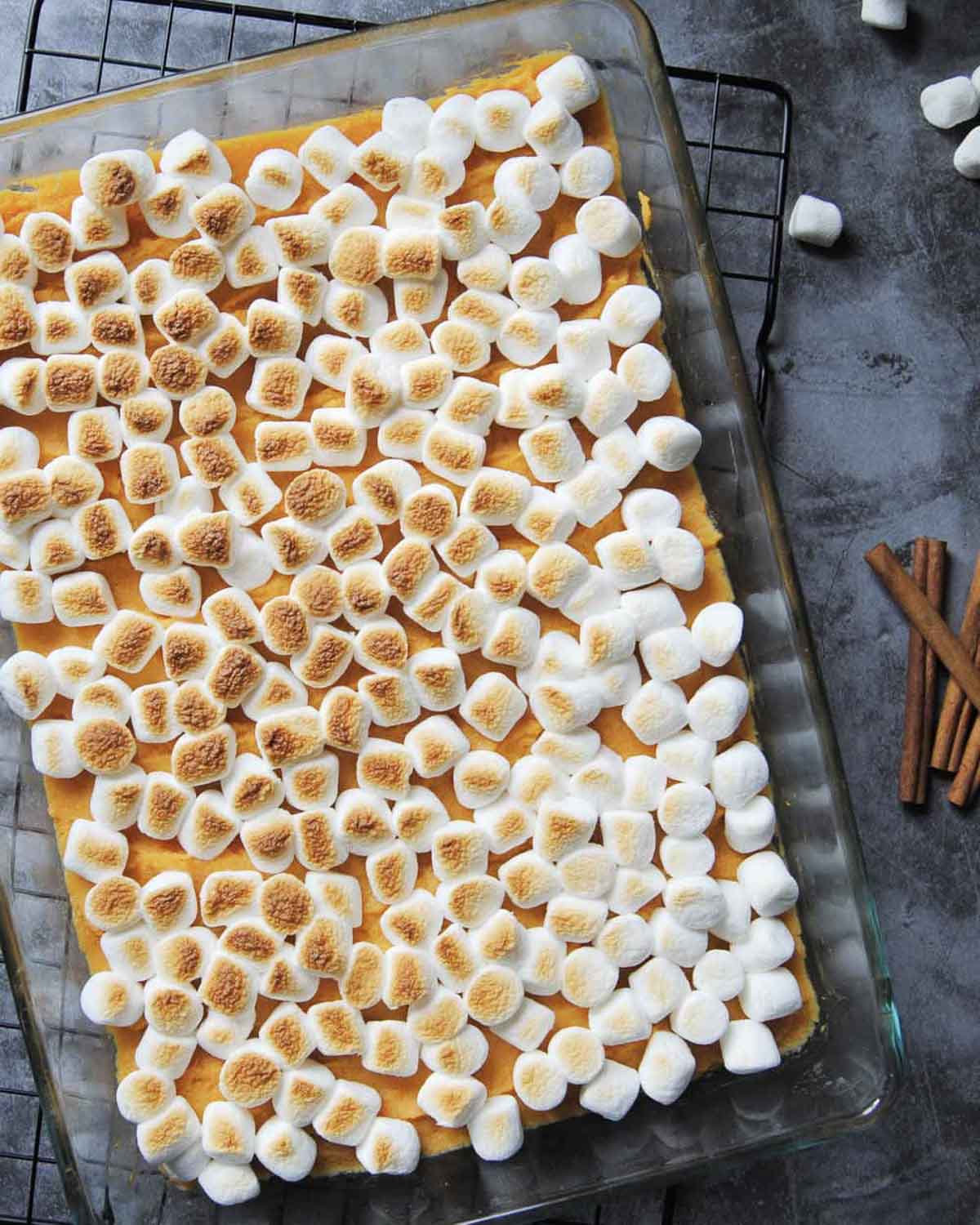 Sweet potato casserole topped with roasted mini marshmallows.
