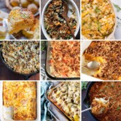 Collage of 9 root vegetable casserole photos.
