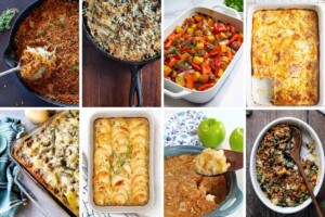 Collage of 8 root veggie casserole recipes.