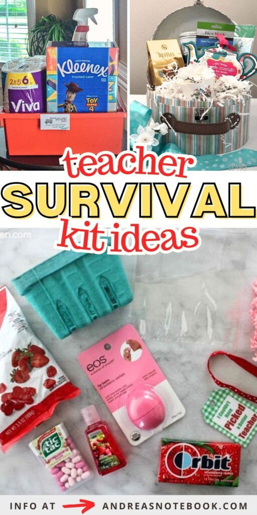 Collage of teacher survival kits.