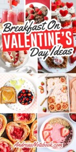 Collage of valentines day breakfast recipes.