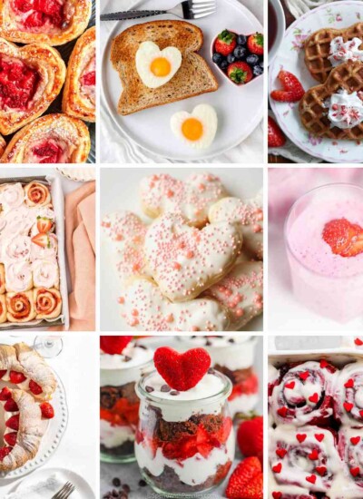 Collage of 9 valentines day breakfast recipes.