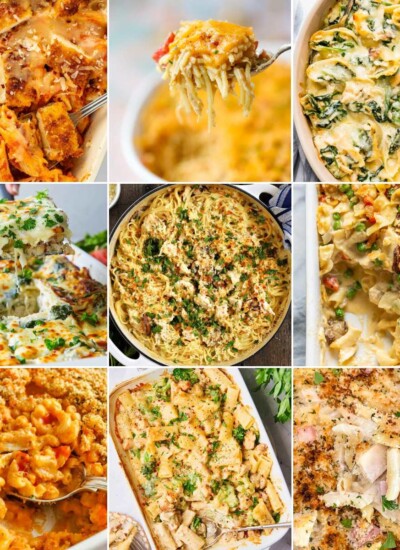 Collage of cheesy chicken pasta casseroles.