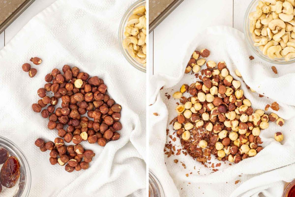 Left image of hazelnuts with skin on. Right image of hazelnuts with skins mostly removed.
