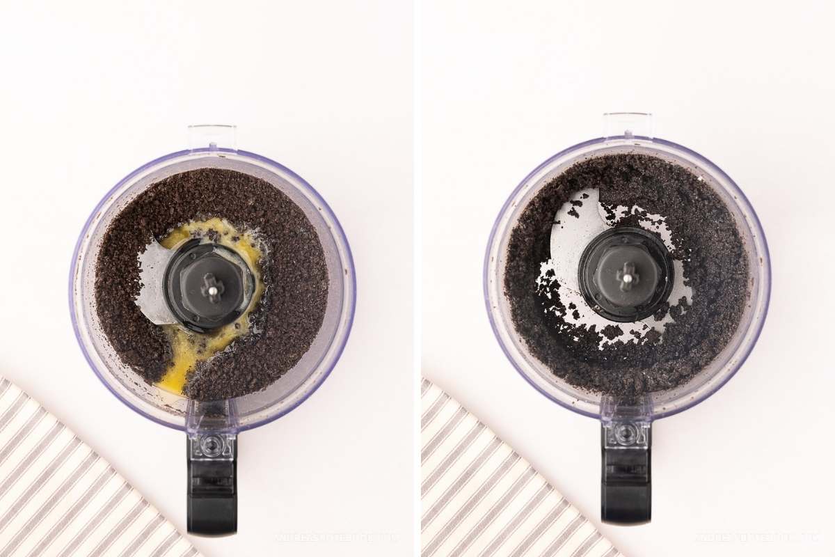 (left) food processor with oreo crumbs and melted butter. (right) oreo crumbs and melted butter combined.