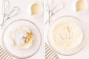 (Left) mixing bowl with cream cheese, vanilla extract and powdered sugar. (Right) Cream cheese mixture whipped together.