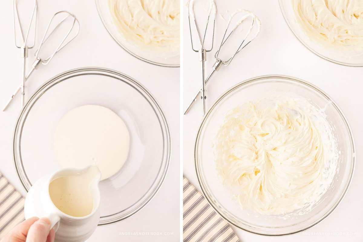 (Left) Heavy cream poured into a mixing bowl. (Right) Whipped cream beaten in the mixing bowl.