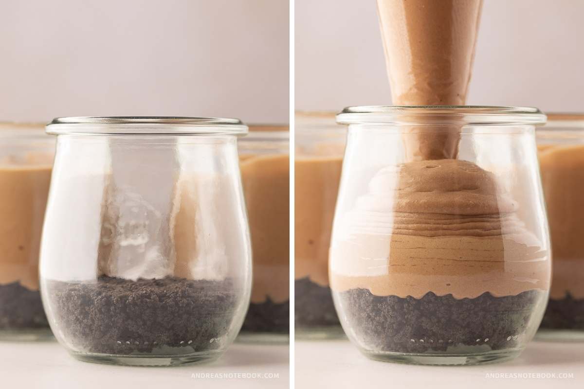 (left) graham cracker crust in bottom of glass jar. (right) Nutella cheesecake mixture being piped into glass jar on top of crust.
