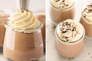(left) Whipped cream piped onto top of cheesecake jar. (right) cheesecake jars with chocolate sprinkled on top of whipped cream.