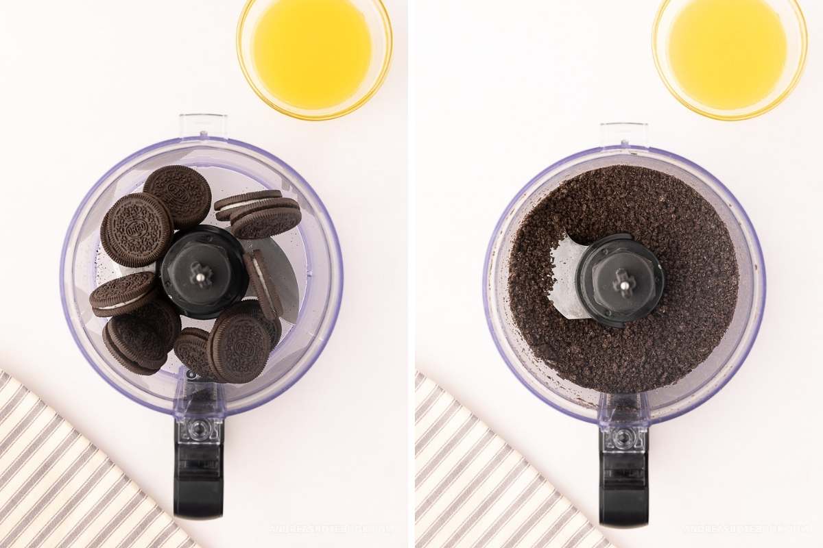 Oreos in a food processor (left), crushed oreos in a food processor (right).