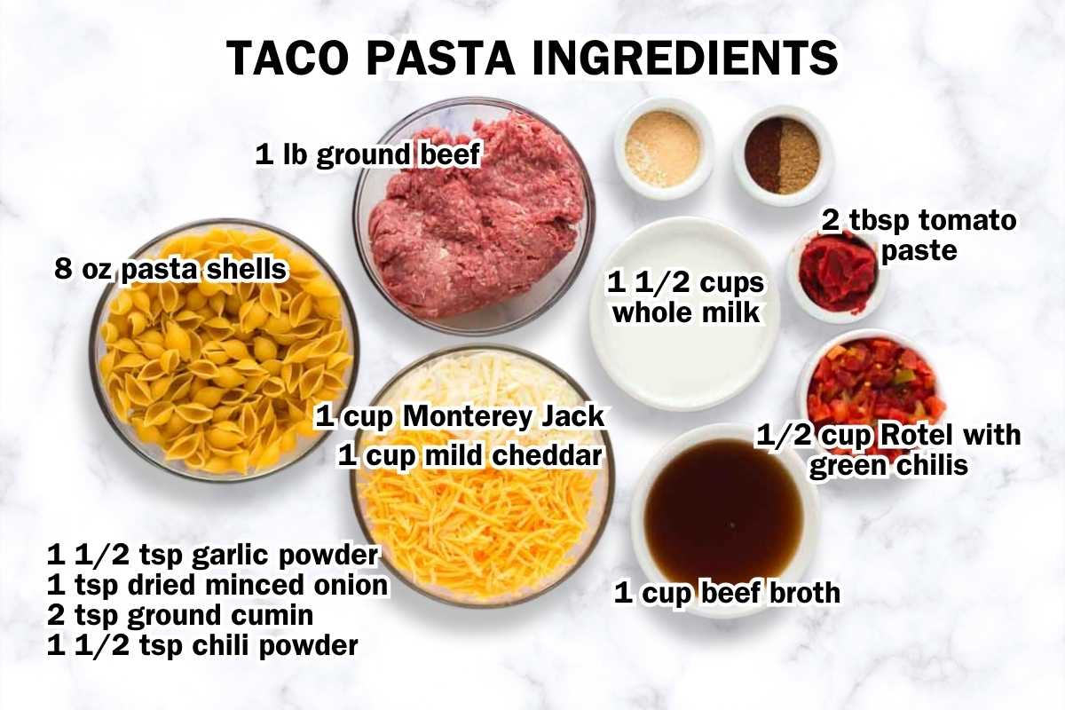 Taco pasta ingredients in bowls including ground beef, cumin, chili powder, minced onion, garlic powder, tomato paste, rotel tomatoes, beef broth, whole milk, pasta shells, monterey jack cheese, and cheddar cheese.